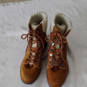 Marc Fisher Izzie Boot Women's Combat Ankle Brown Suede w/Faux Shearling - 9